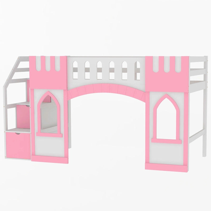 Pink Twin Size Solid Wood Loft Bed with Storage Staircase and Window for Kids