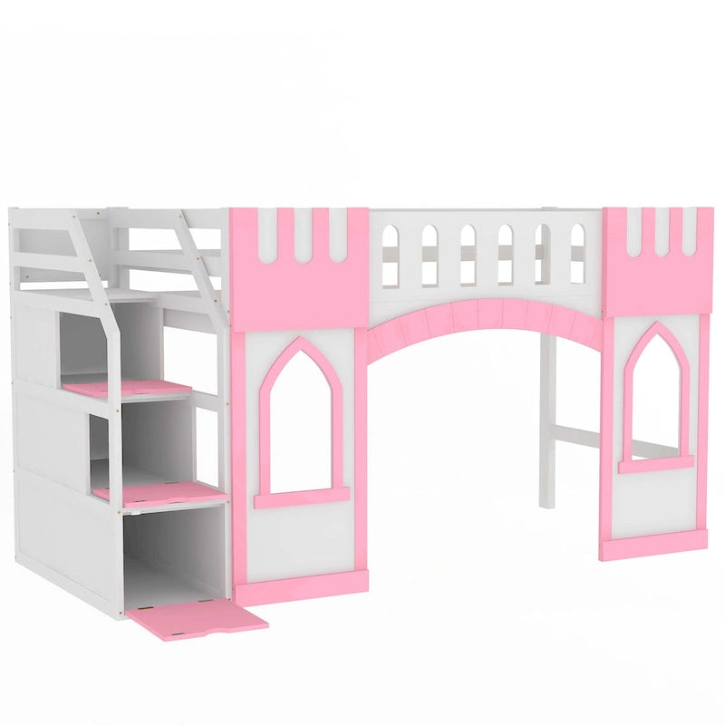 Pink Twin Size Solid Wood Loft Bed with Storage Staircase and Window for Kids