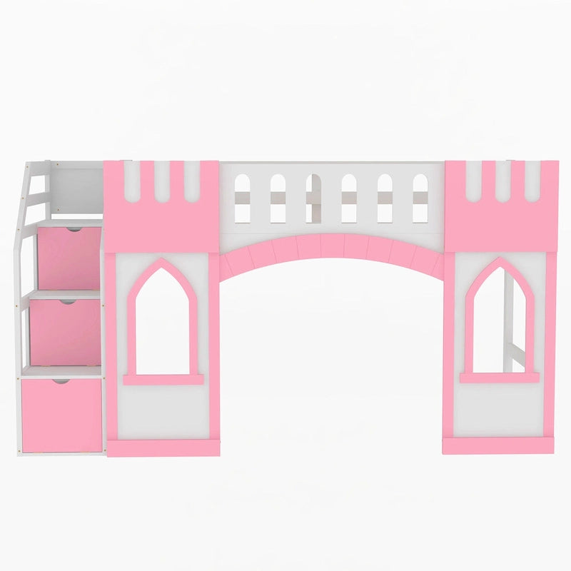 Pink Twin Size Solid Wood Loft Bed with Storage Staircase and Window for Kids