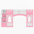 Pink Twin Size Solid Wood Loft Bed with Storage Staircase and Window for Kids