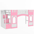 Pink Twin Size Solid Wood Loft Bed with Storage Staircase and Window for Kids