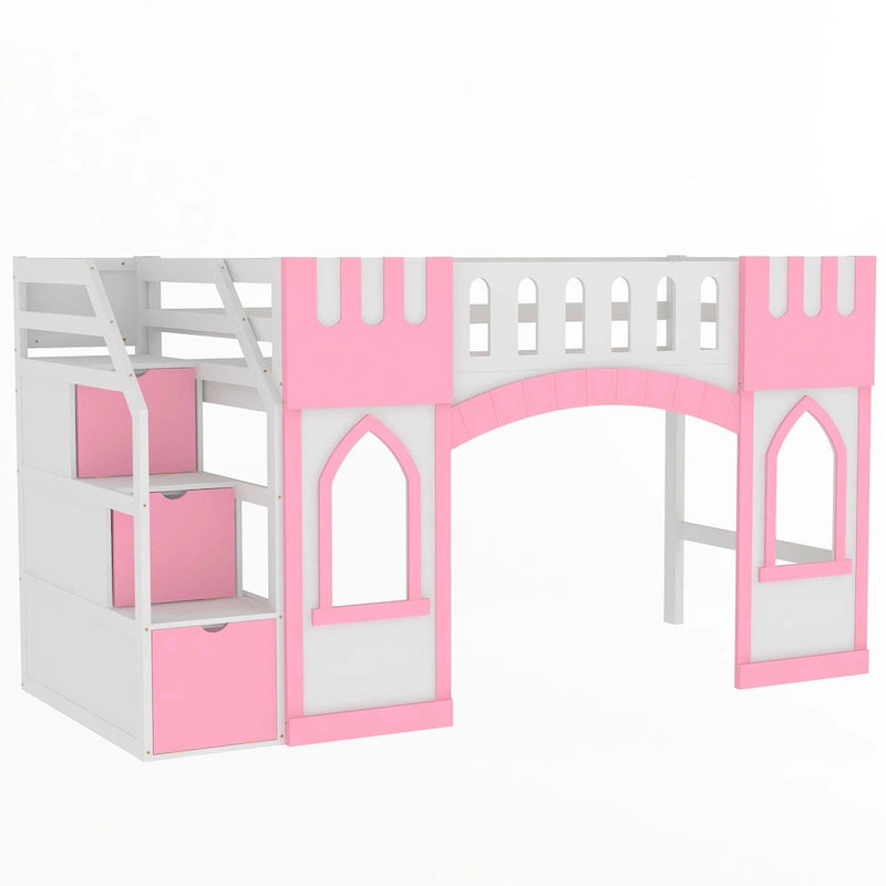 Pink Twin Size Solid Wood Loft Bed with Storage Staircase and Window for Kids