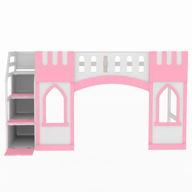 Pink Twin Size Solid Wood Loft Bed with Storage Staircase and Window for Kids