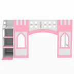Pink Twin Size Solid Wood Loft Bed with Storage Staircase and Window for Kids