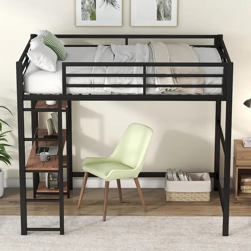 Black Full Size Metal Loft Bed with Built-in Desk and Storage Shelves