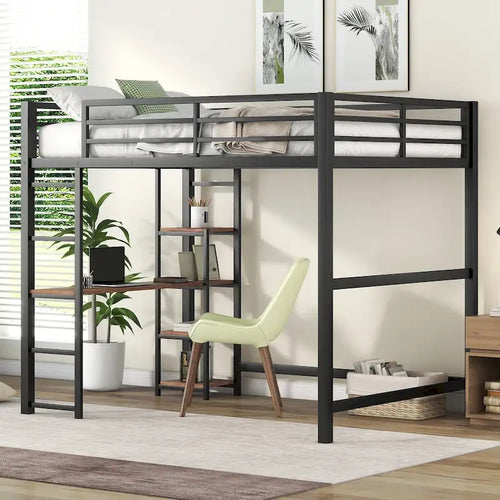 Black Full Size Metal Loft Bed with Built-in Desk and 4-Tier Storage Shelves