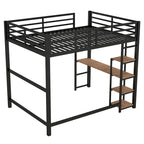 Black Full Size Metal Loft Bed with Built-in Desk and 4-Tier Storage Shelves