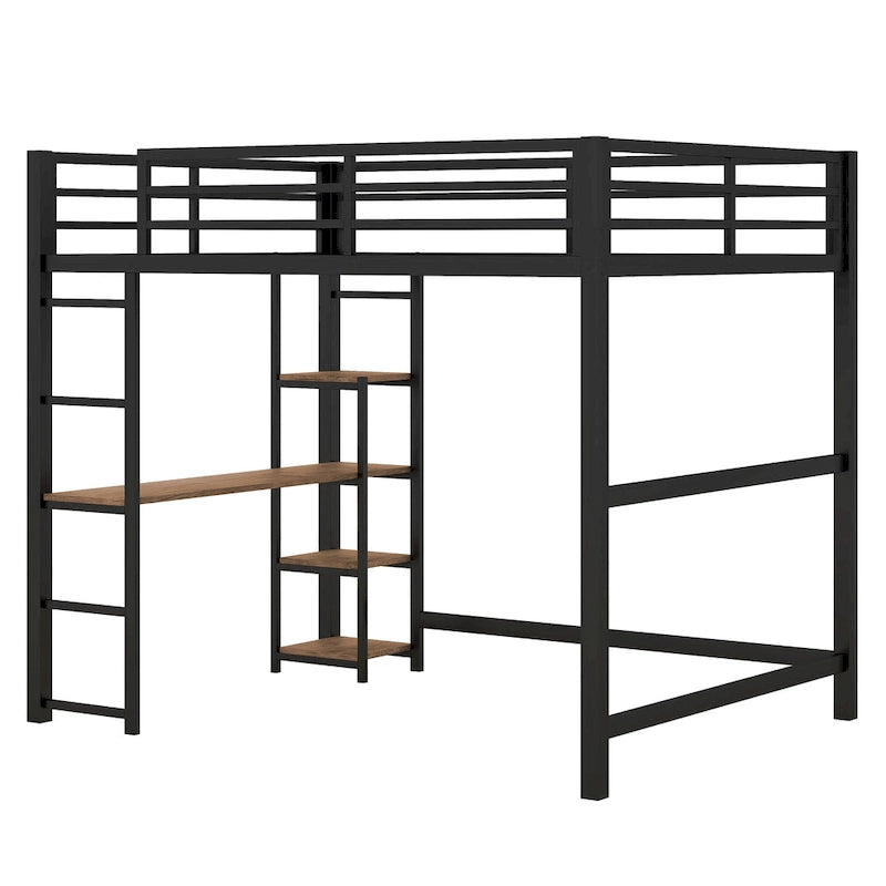 Black Full Size Metal Loft Bed with Built-in Desk and 4-Tier Storage Shelves