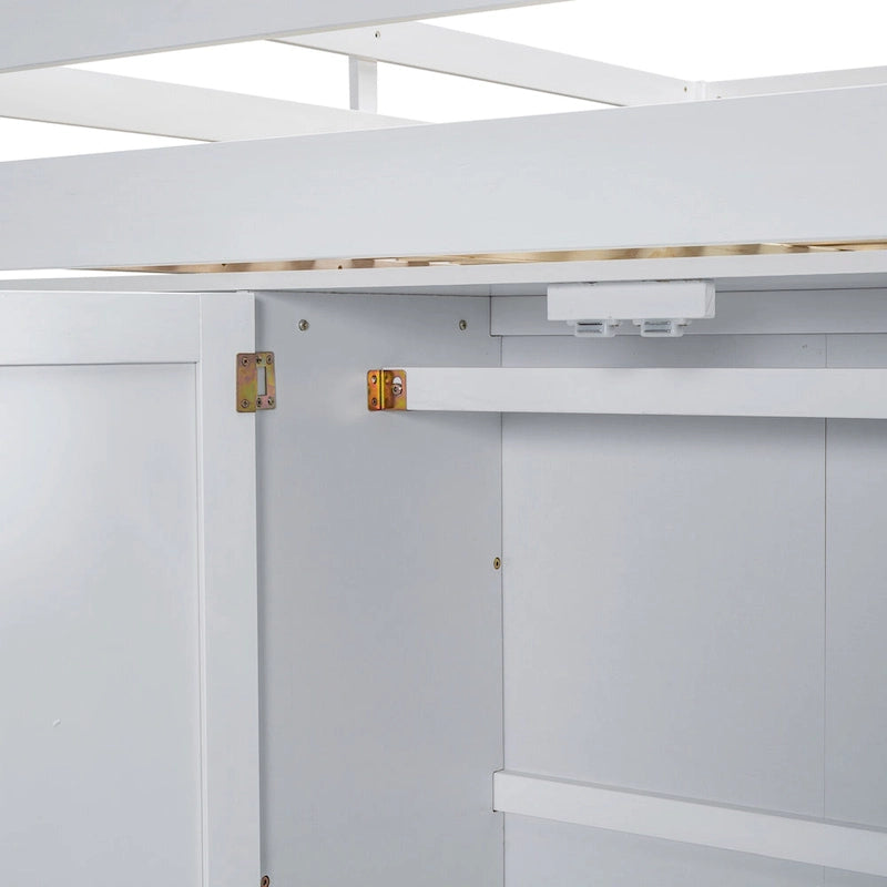 White Full Size Solid Wood Loft Bed with Built-in Wardrobe, Desk, Storage Shelves and Drawers