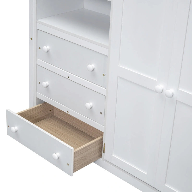 White Full Size Solid Wood Loft Bed with Wardrobe, Desk, Shelves and Drawers