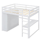 White Full Size Solid Wood Loft Bed with Wardrobe, Desk, Shelves and Drawers