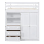 White Full Size Solid Wood Loft Bed with Wardrobe, Desk, Shelves and Drawers