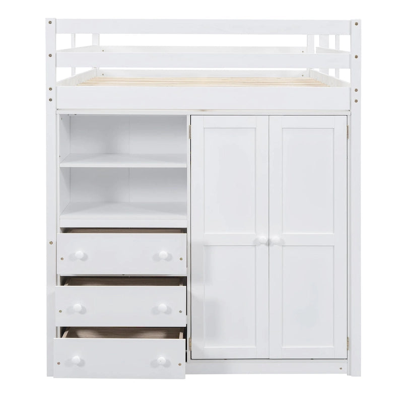 White Full Size Solid Wood Loft Bed with Wardrobe, Desk, Shelves and Drawers