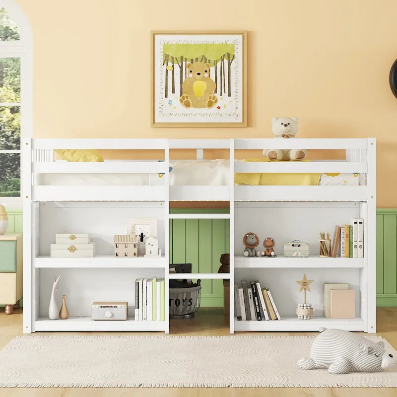 White Twin Size Wood Low Loft Bed with Two-Tier Shelves and LED Light