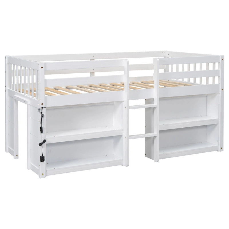 White Twin Size Wood Low Loft Bed With Two-Tier Shelves and LED Light for Kids, Boys and Girls