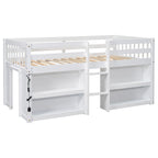 White Twin Size Wood Low Loft Bed With Two-Tier Shelves and LED Light for Kids, Boys and Girls