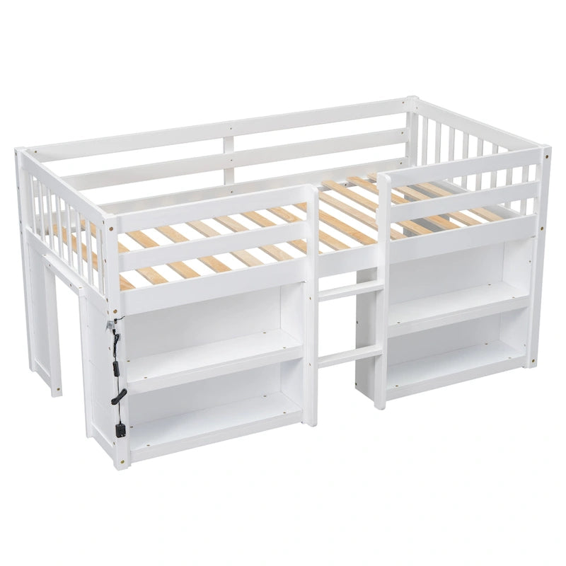 White Twin Size Wood Low Loft Bed with Two-Tier Shelves and LED Light