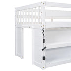 White Twin Size Wood Low Loft Bed with Two-Tier Shelves and LED Light
