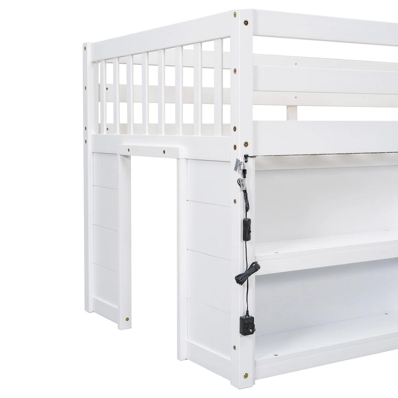 White Twin Size Wood Low Loft Bed with Two-Tier Shelves and LED Light