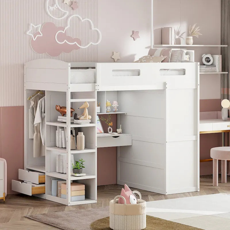 White Twin Size Solid Wood Loft Bed with Desk, Wardrobes and Drawers