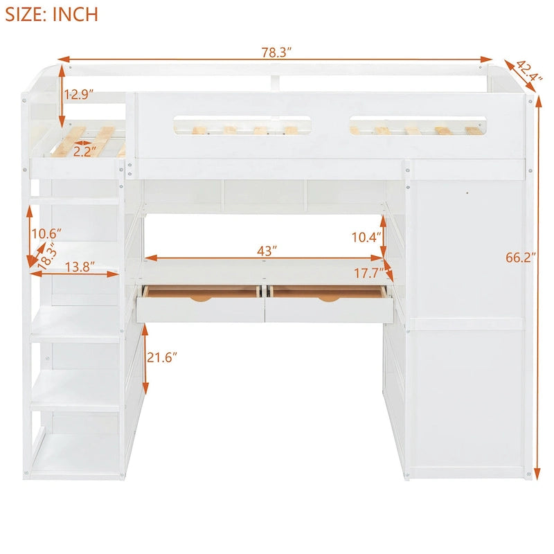 White Twin Size Solid Wood Loft Bed with Desk, Wardrobes and Drawers