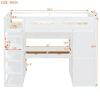 White Twin Size Solid Wood Loft Bed with Desk, Wardrobes and Drawers
