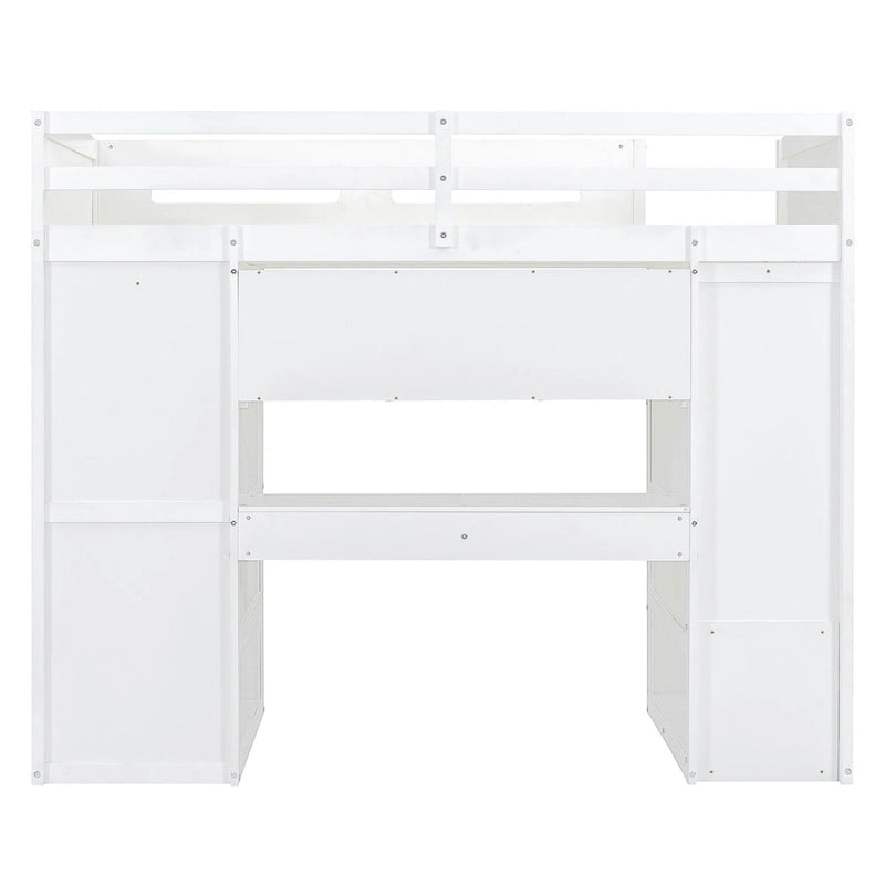 White Twin Size Solid Wood Loft Bed with Desk, Wardrobes and Drawers