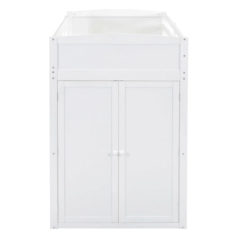 White Twin Size Solid Wood Loft Bed with Desk, Wardrobes and Drawers