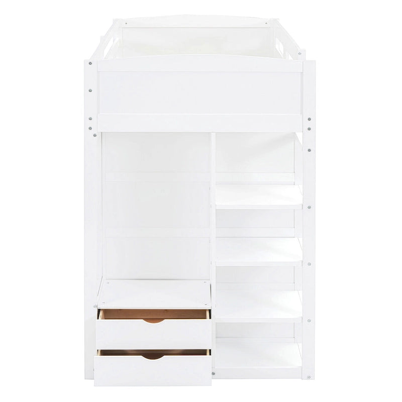 White Twin Size Solid Wood Loft Bed with Desk, Wardrobes and Drawers
