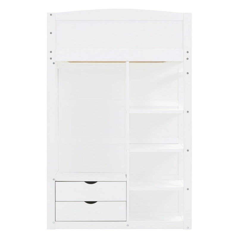 White Twin Size Solid Wood Loft Bed with Desk, Wardrobes and Drawers