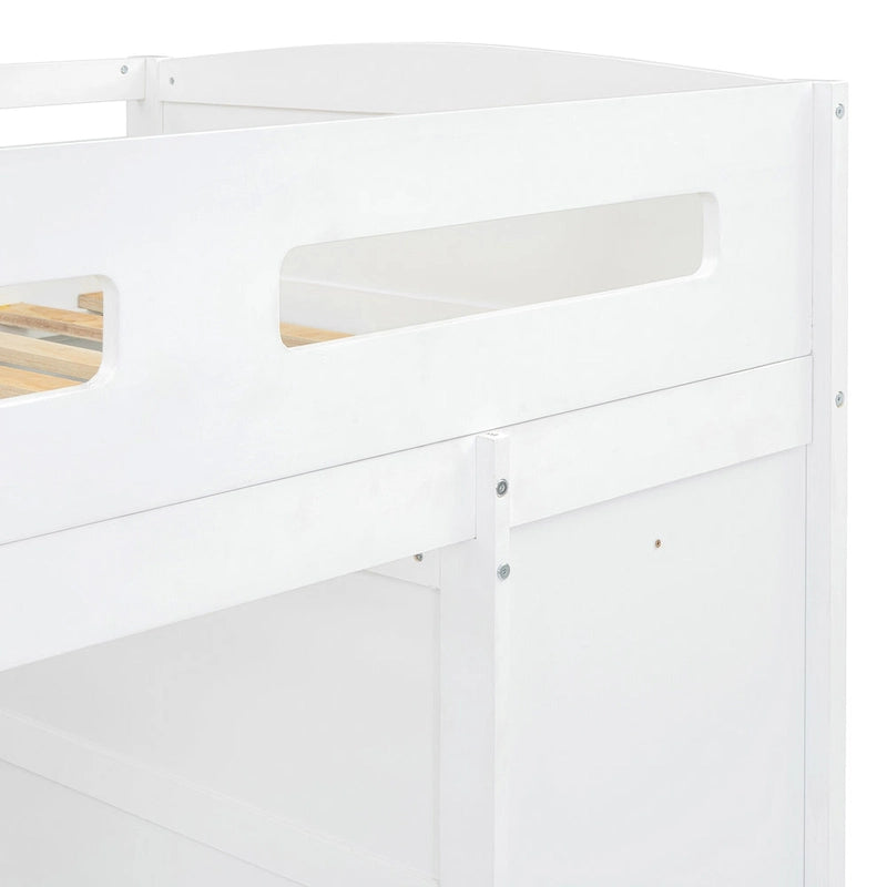 White Twin Size Solid Wood Loft Bed with Desk, Wardrobes and Drawers