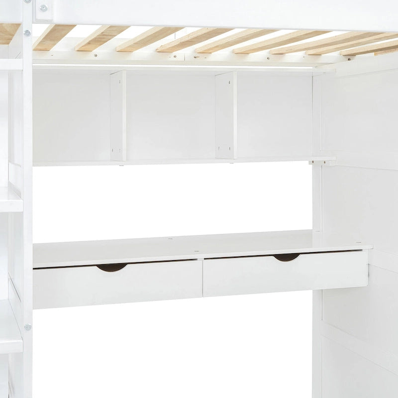 White Twin Size Solid Wood Loft Bed with Desk, Wardrobes and Drawers