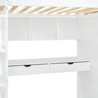 White Twin Size Solid Wood Loft Bed with Desk, Wardrobes and Drawers