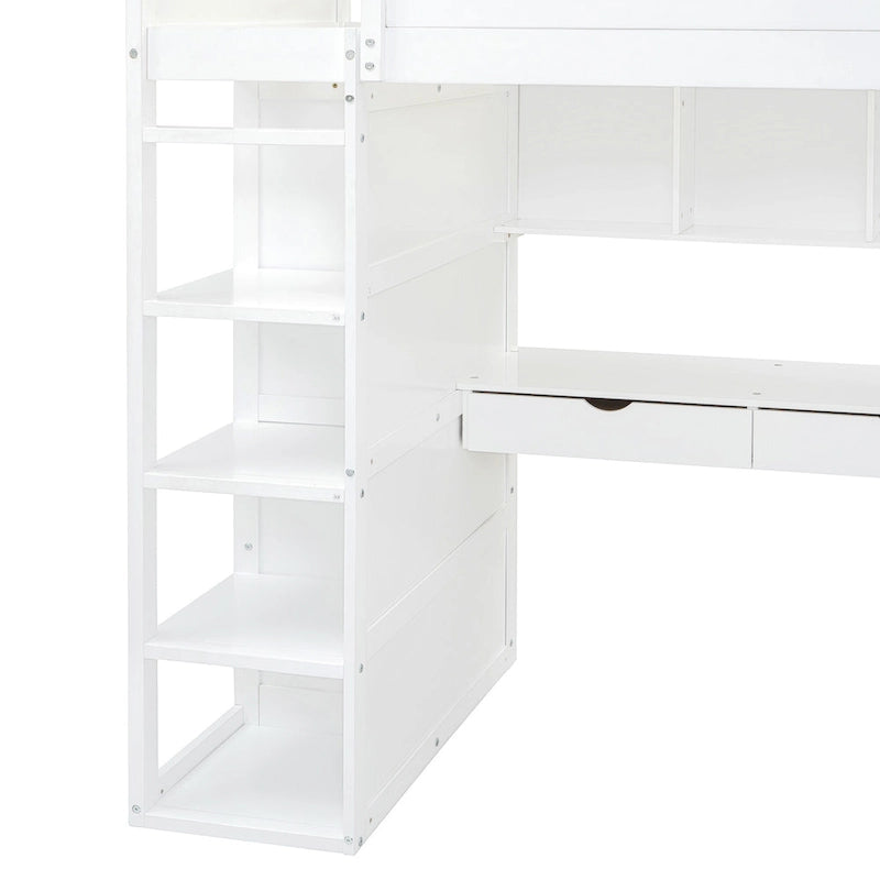 White Twin Size Solid Wood Loft Bed with Desk, Wardrobes and Drawers