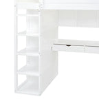 White Twin Size Solid Wood Loft Bed with Desk, Wardrobes and Drawers