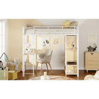 White Twin Size Metal Loft Bed with Built-in Wardrobe and Desk