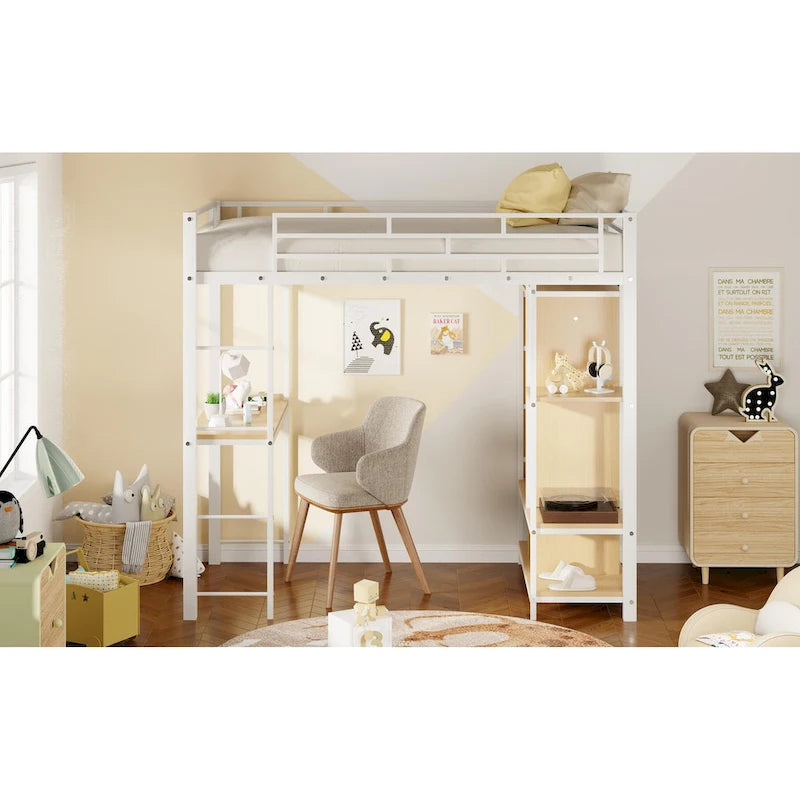 White Twin Size Metal Loft Bed with Built-in Wardrobe and Desk