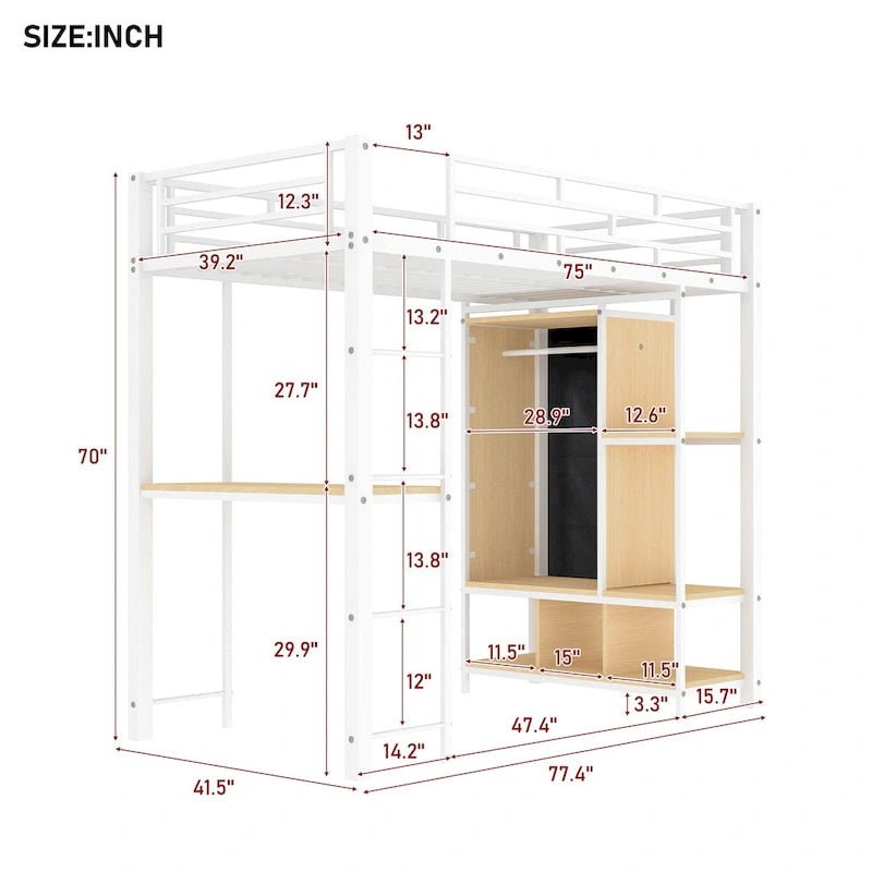 White Twin Size Metal Loft Bed with Built-in Wardrobe and Desk