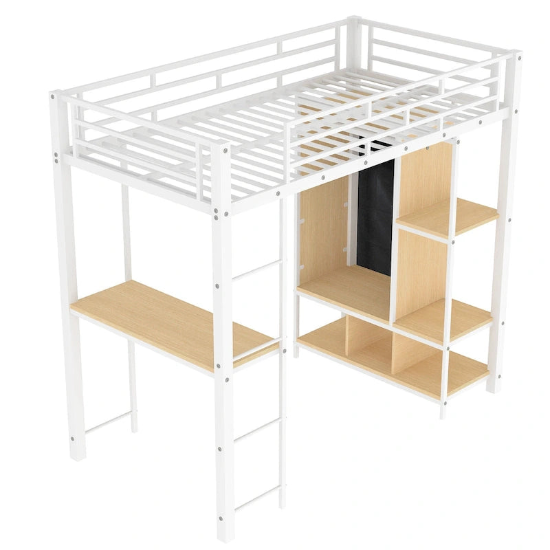 White Twin Size Metal Loft Bed with Built-in Wardrobe and Desk