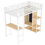 White Twin Size Metal Loft Bed with Built-in Wardrobe and Desk