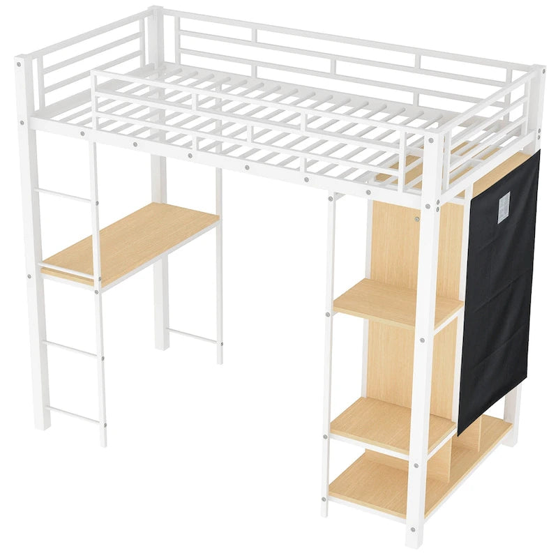 White Twin Size Metal Loft Bed with Built-in Wardrobe and Desk