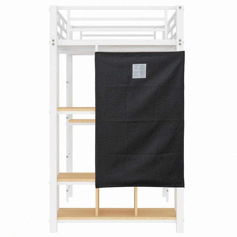 White Twin Size Metal Loft Bed with Built-in Wardrobe and Desk