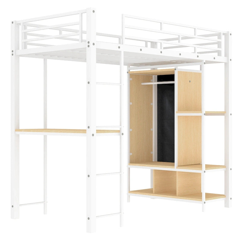 White Twin Size Metal Loft Bed with Built-in Wardrobe and Desk