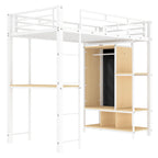 White Twin Size Metal Loft Bed with Built-in Wardrobe and Desk