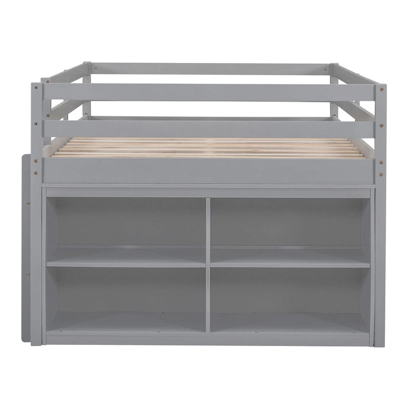Gray Full Size Solid Wood Loft Bed with Retractable Desk and Drawers
