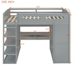 Gray Full Size Solid Wood Loft Bed with Desk, Wardrobes, and Shelves