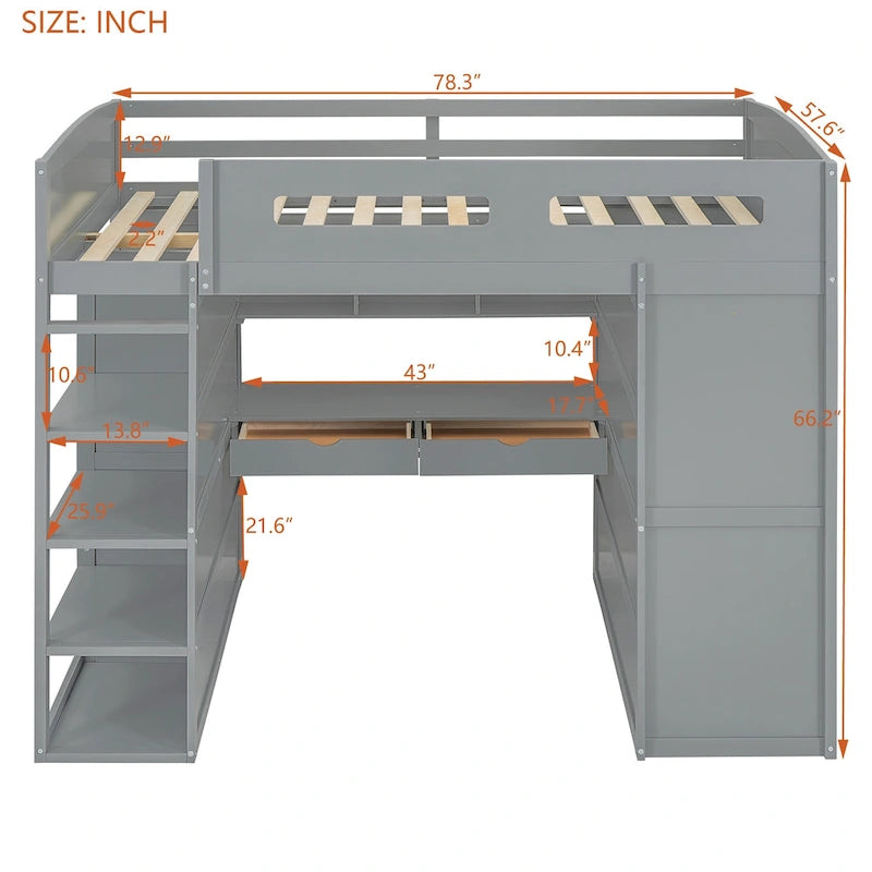Gray Full Size Solid Wood Loft Bed with Desk, Wardrobes, and Shelves