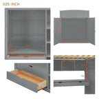 Gray Full Size Solid Wood Loft Bed with Desk, Wardrobes and Shelves
