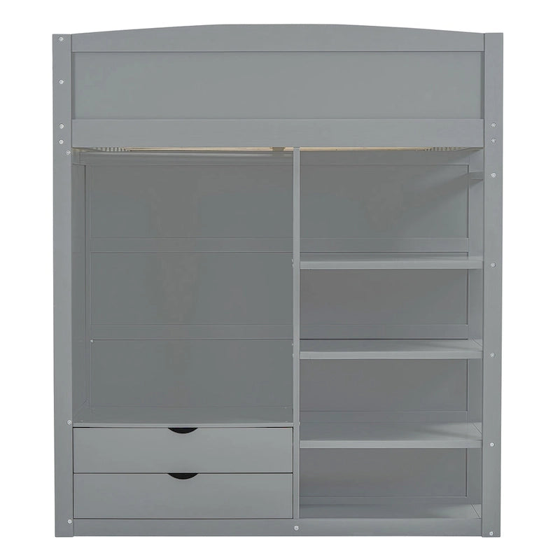 Gray Full Size Solid Wood Loft Bed with Desk, Wardrobes and Shelves