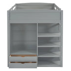 Gray Full Size Solid Wood Loft Bed with Desk, Wardrobes and Shelves